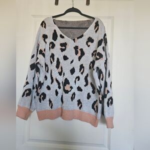 Pink Blush Leopard Print V-Neck Sweater